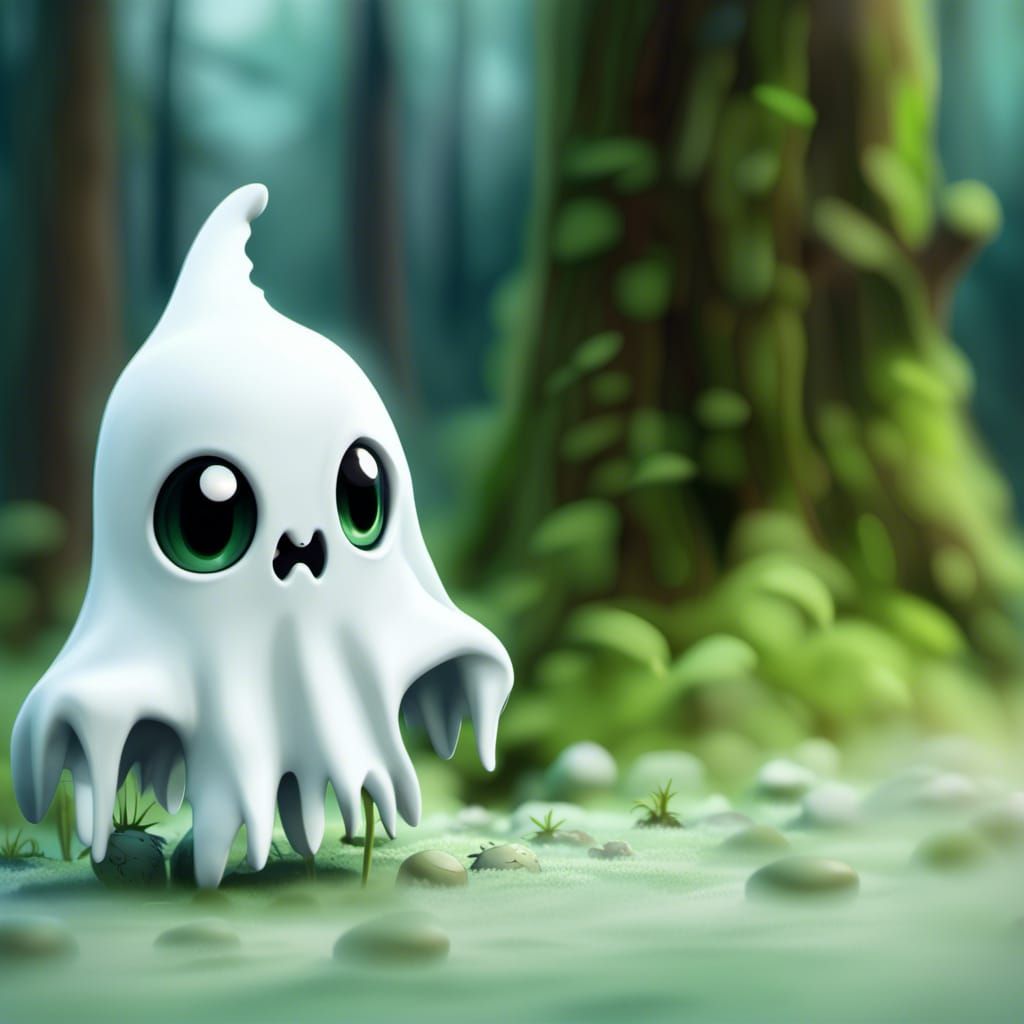 Adorable Scared Chibi Ghost in Mossy Forest