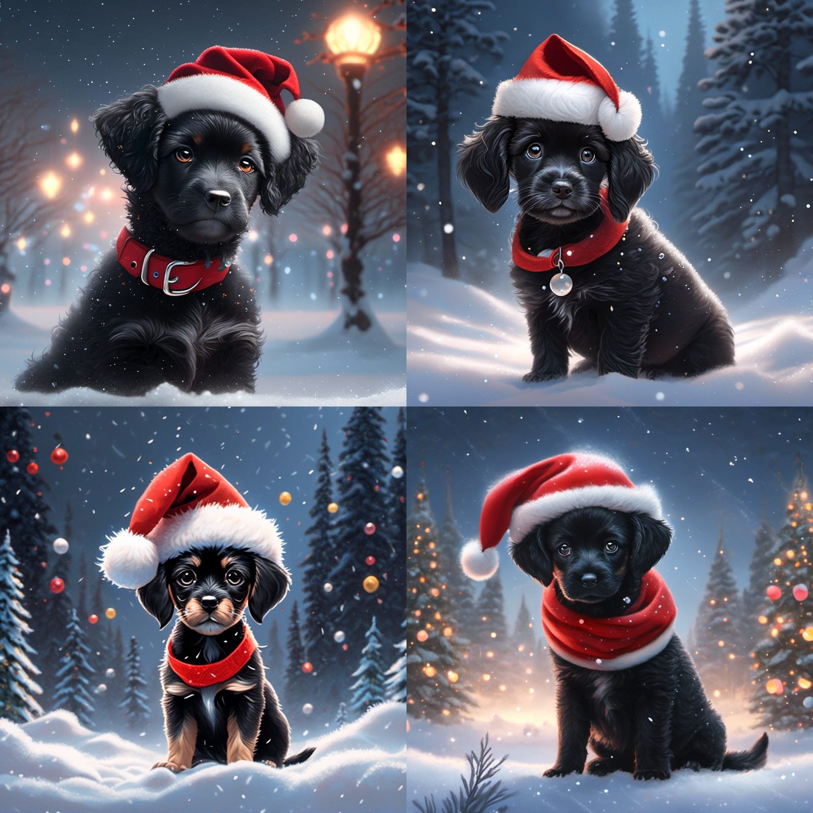 Black Puppy in Santa Hat on Snowy Background