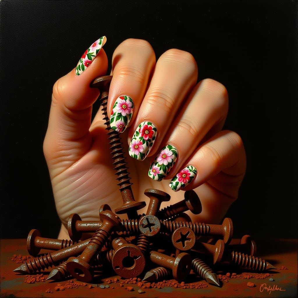 Intricately Painted Nails Holding Rusted Hardware