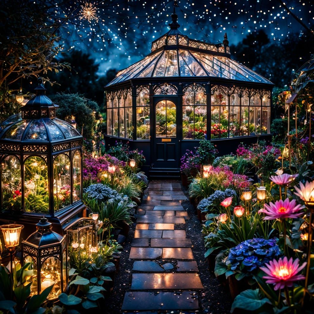 Vibrant Glasshouse under Starry Night Sky