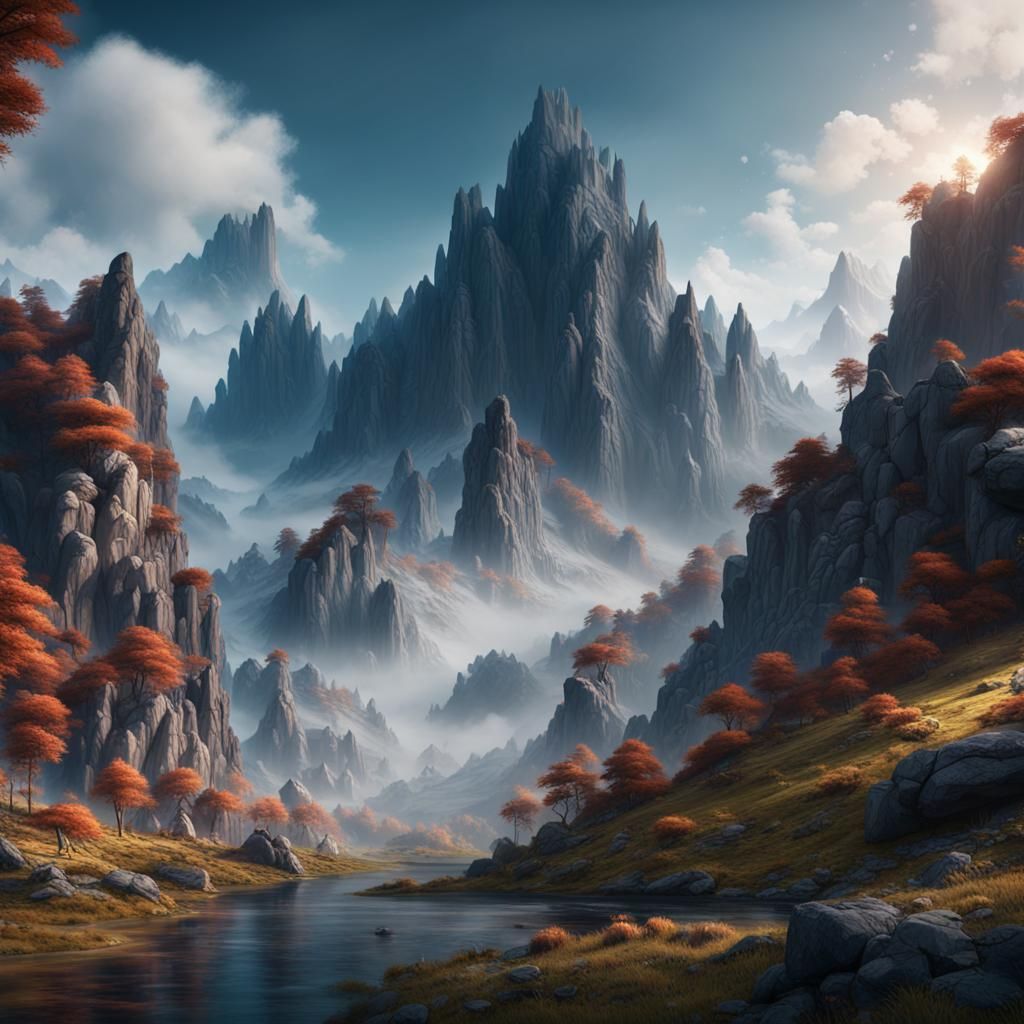 Fantastical Mountain Scene in Detailed Matte Painting