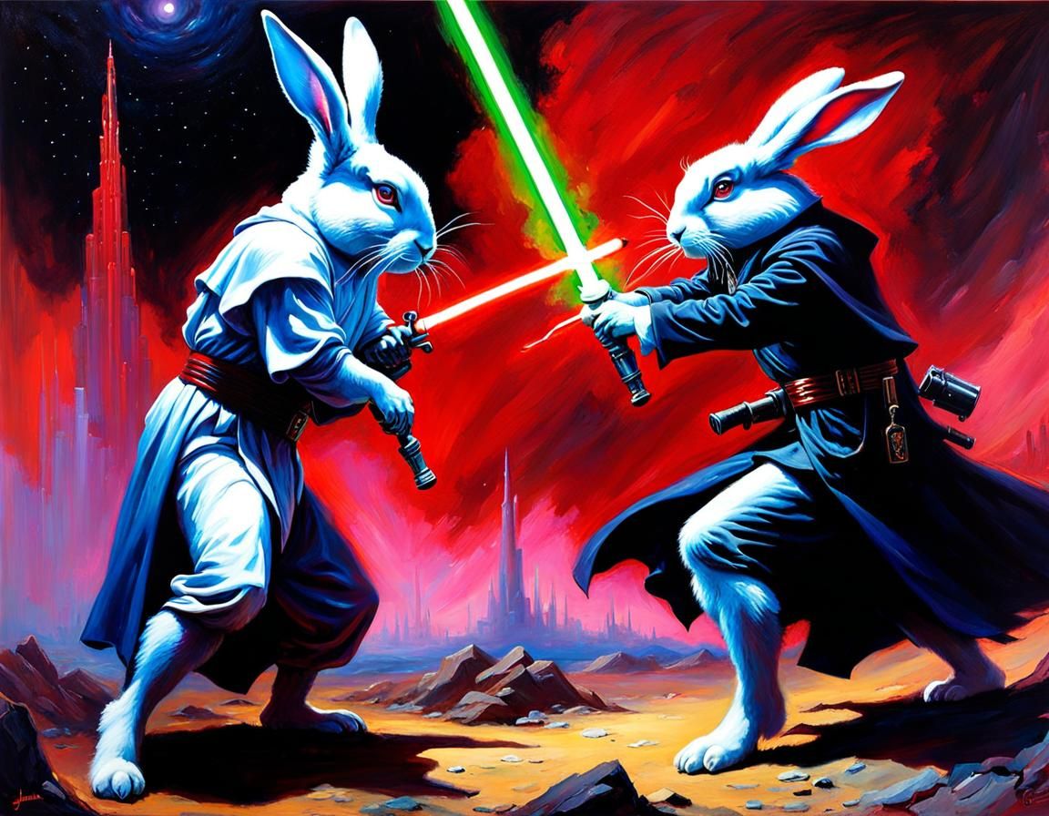 Bunnies Fight with Lightsabers in Dreamlike Chiaroscuro