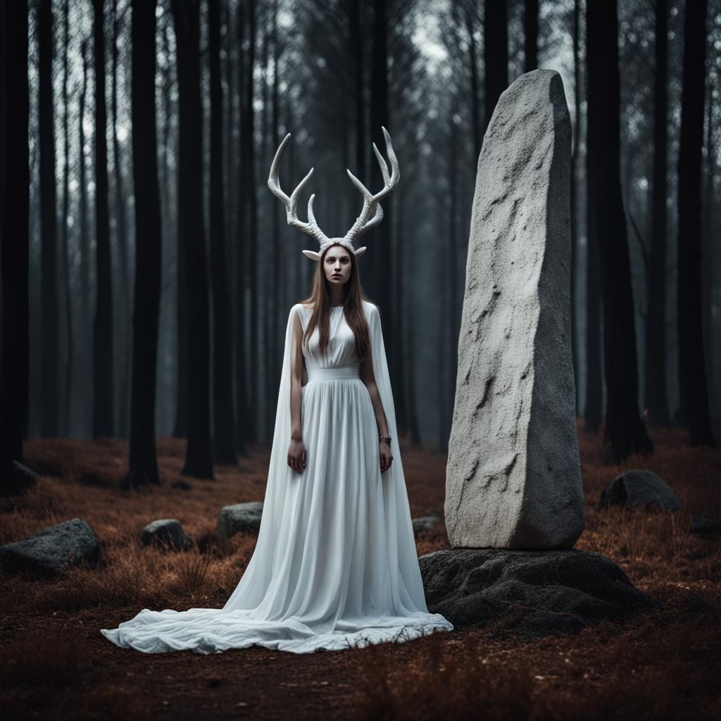 Woman with Deer Horns in Gothic Forest Photo