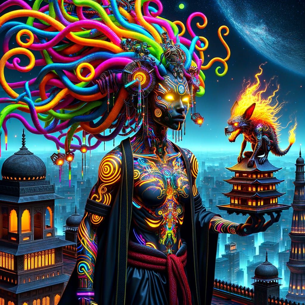 Cosmic Goddess Overlooks Future Cityscape as Digital Art