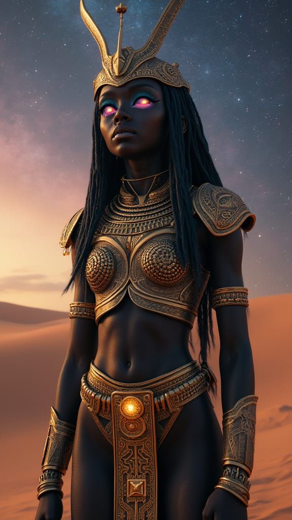 Alien Girl in Gilded Egyptian Armor Under Twilight Sky