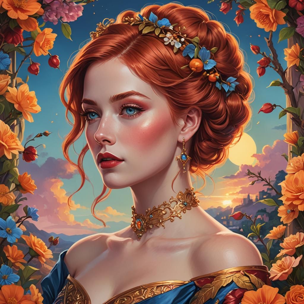 Romantic Portrait of Woman with Cherry-Red Hair