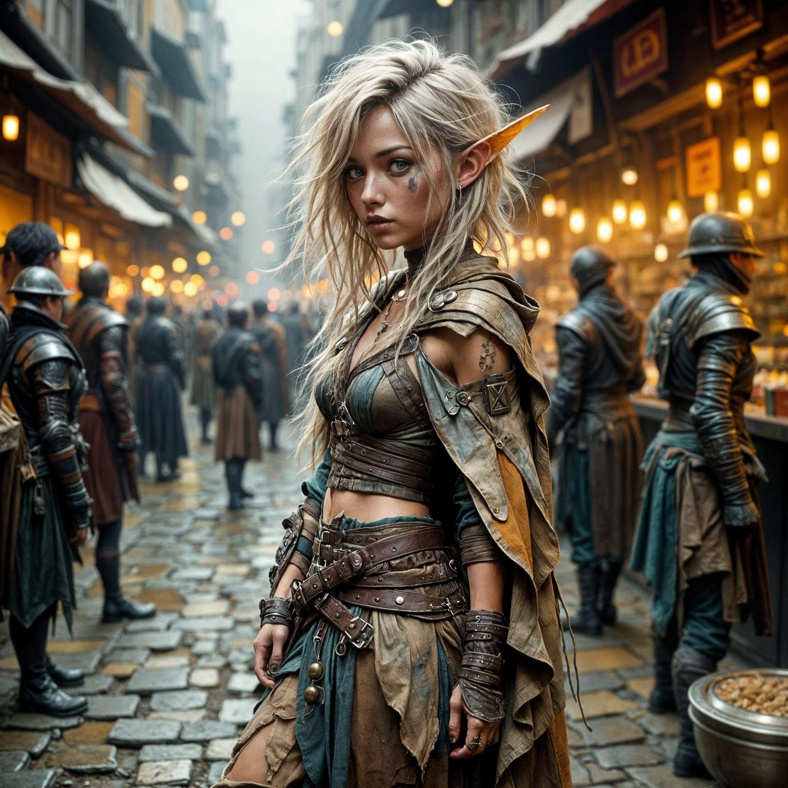 Elven Thief in Bustling Marketplace, Hyperrealistic Fantasy