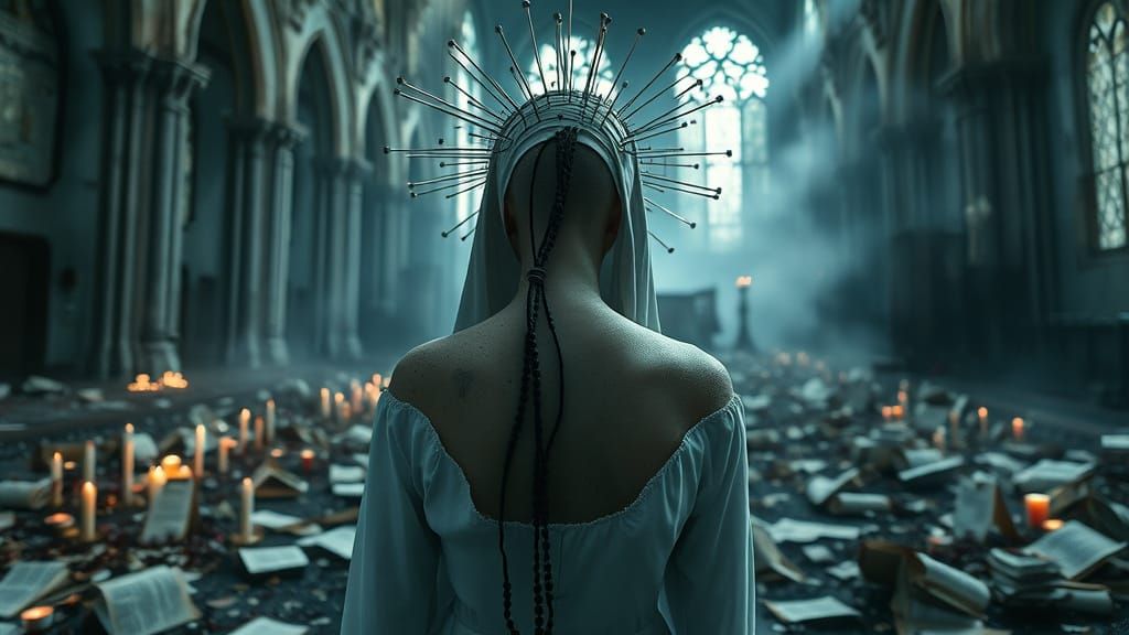 Surreal Nun in Desaturated Cathedral Ruins