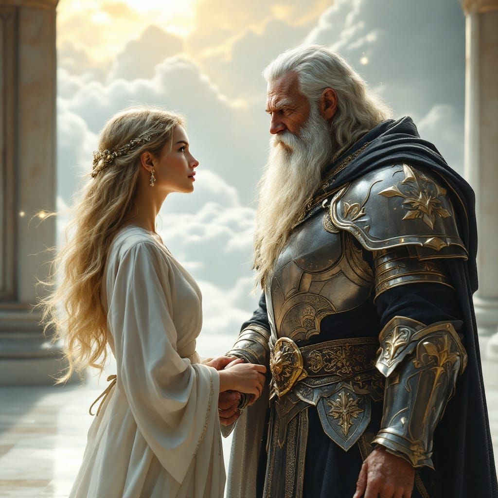 Aged Celestial Guardian Beside Radiant Young Woman in Ethere...