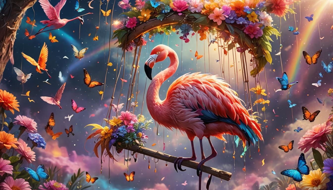Rainbow Flamingo on Magical Swing: Fantasy Art