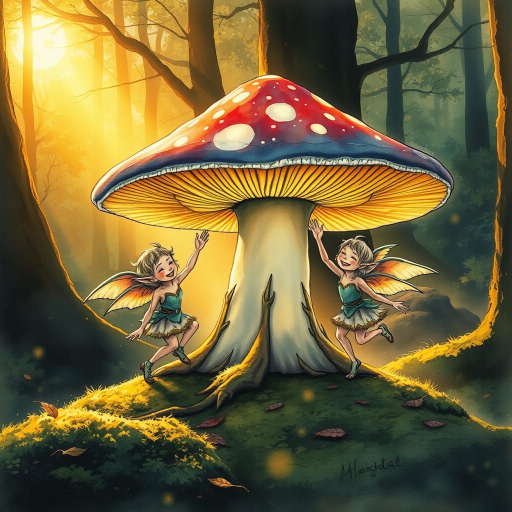Elves Play by Giant Bioluminescent Mushroom at Golden Hour