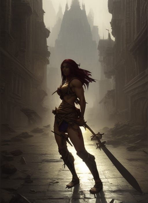 Muscular Warrior in Ruined City: Dark Fantasy Art