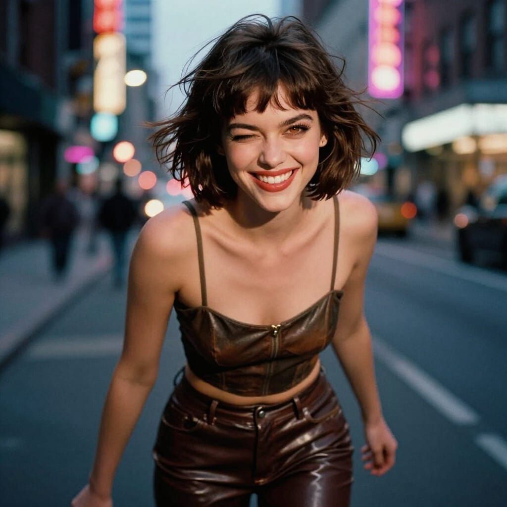 Sassy Brunette Girl Winks on Neon Urban Street