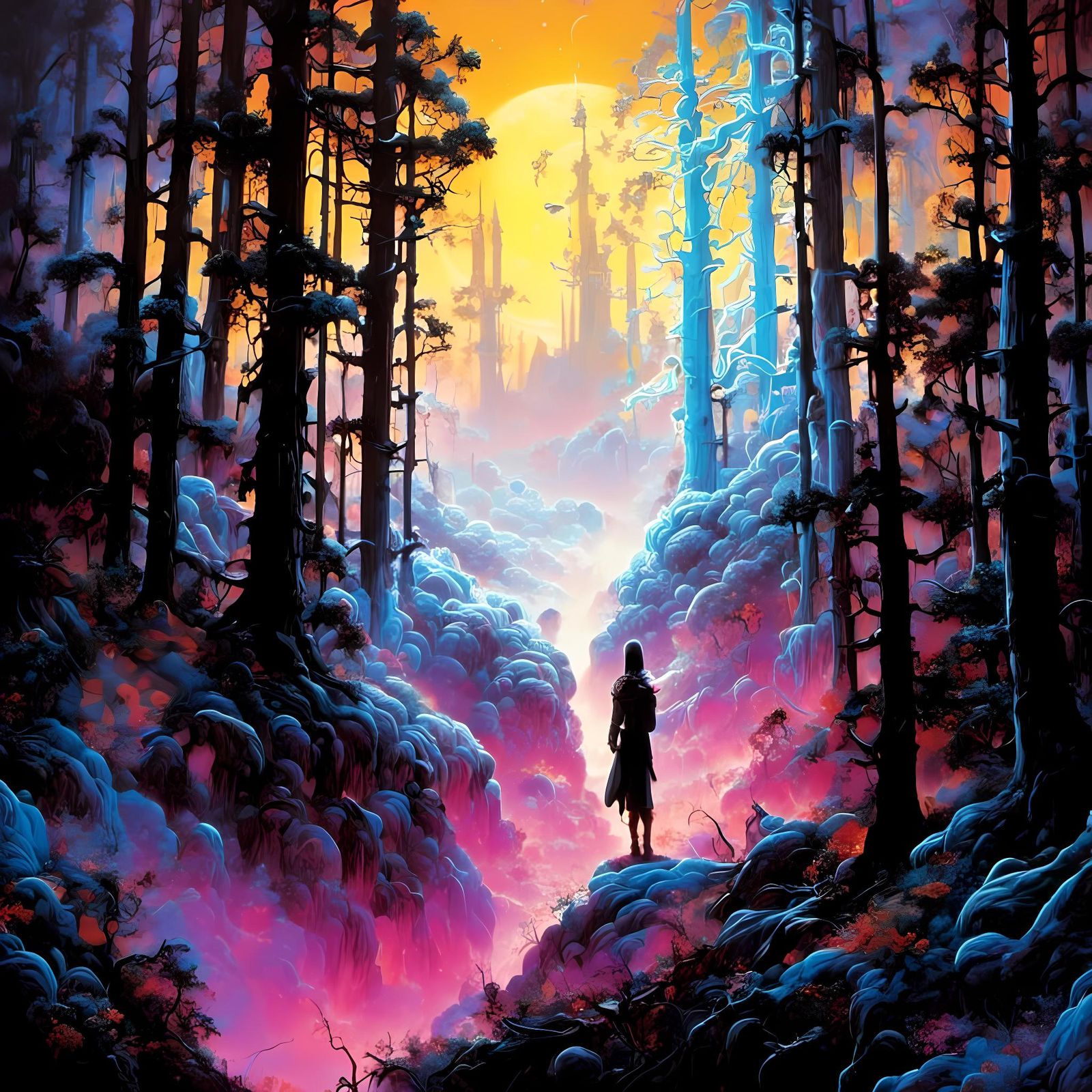 Elvish Forest Warrior Confronts Monster in Oil Painting