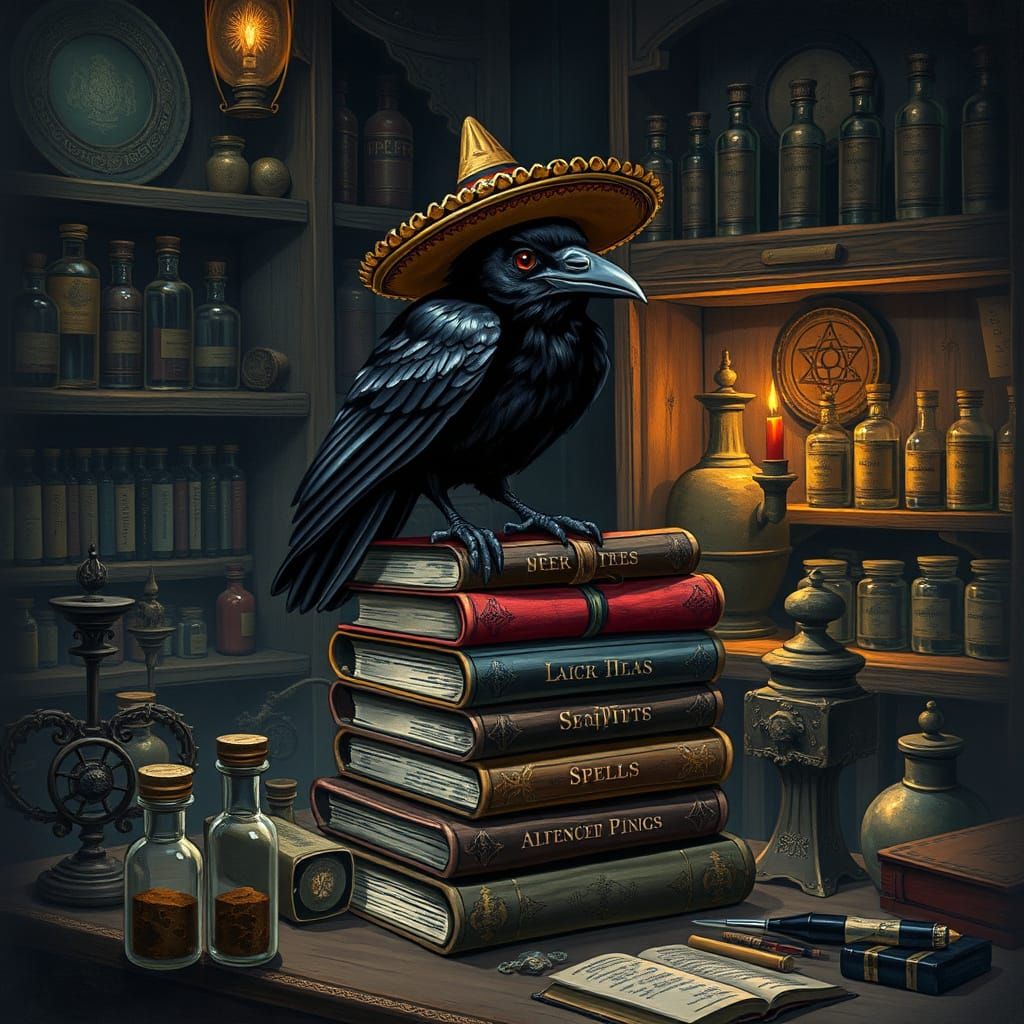 Gothic Raven in Apothecary, Horror Illustration Style