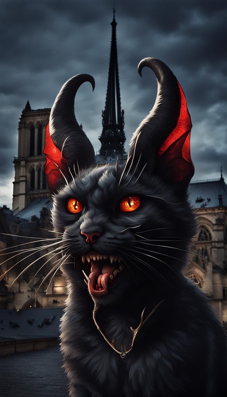 Menacing Horned Cat over Notre Dame, Gothic Horror