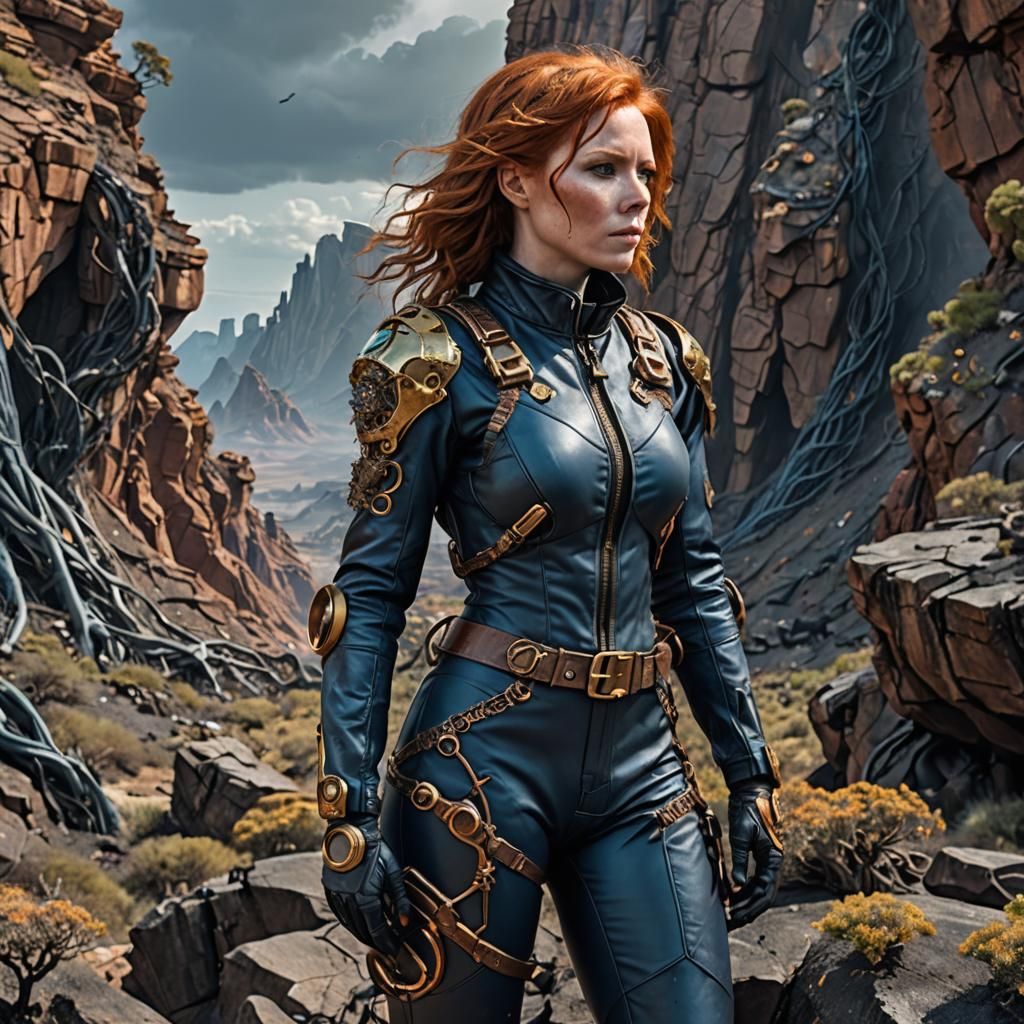 Steampunk Redhead Overlooking Alien Landscape
