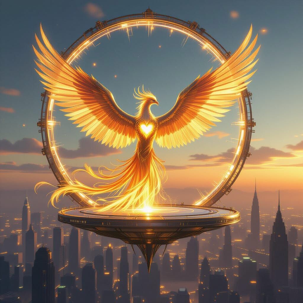 Gilded Phoenix Soars Above Luminous Metropolis