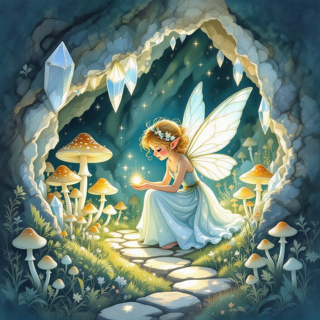 Pixie Tending Bioluminescent Mushroom Garden in Geode