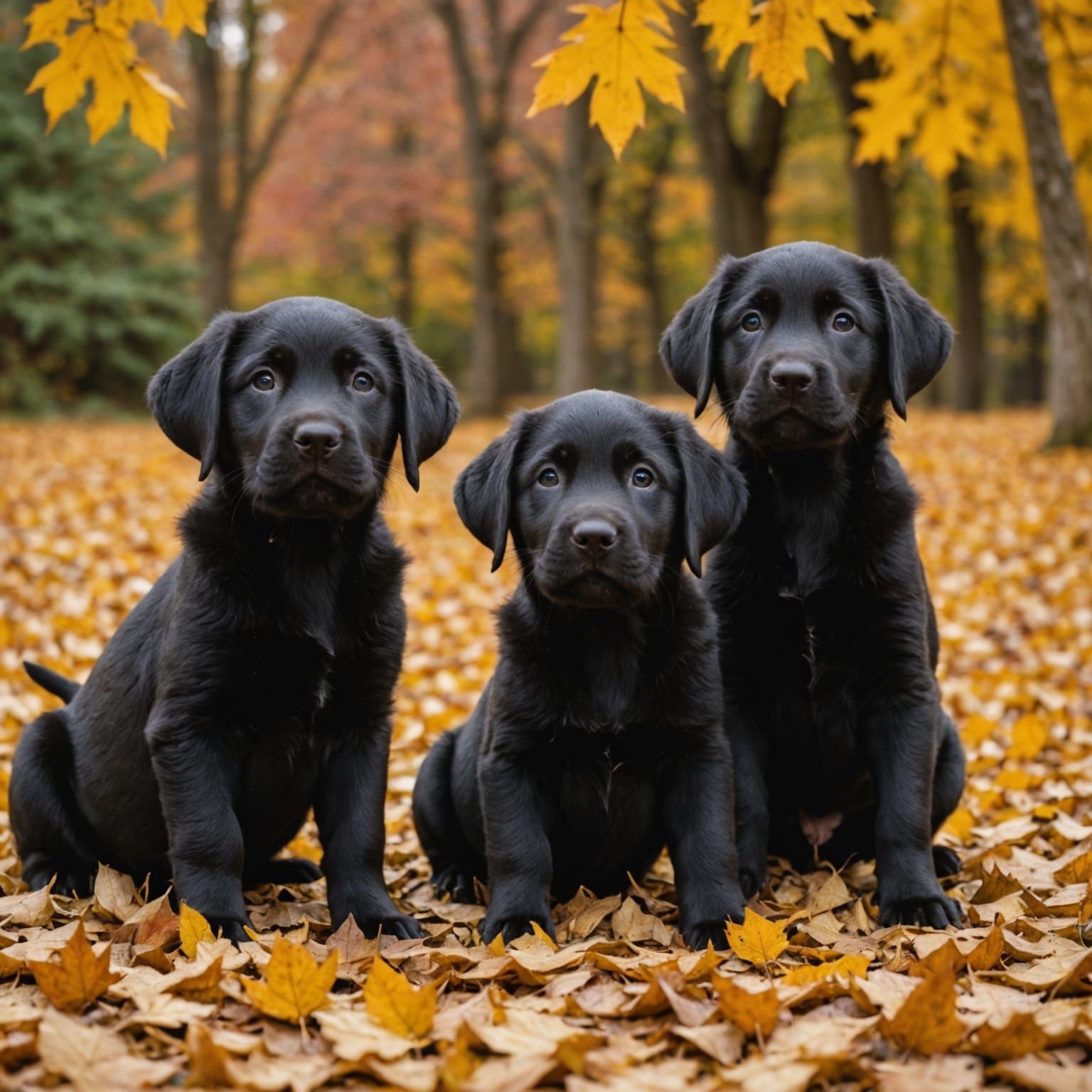 Black Lab Puppies Joyfully Play in Autumn Leaves