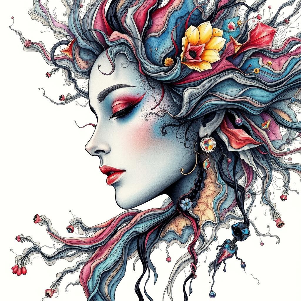 Abstract Woman: Intricate Ink Illustration in Liquid Crystal