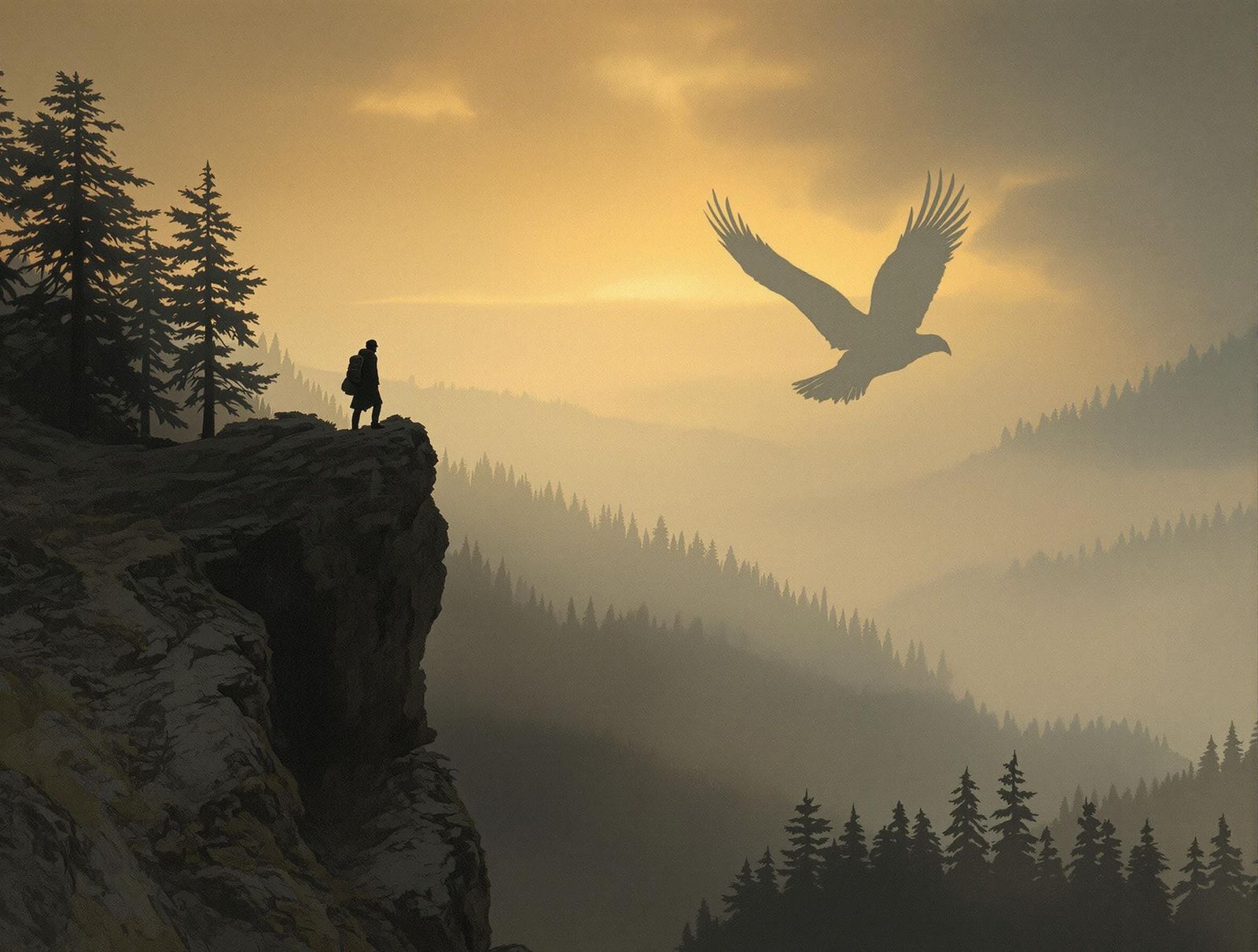 Traveler Overlooking Misty Forest in Romantic Style