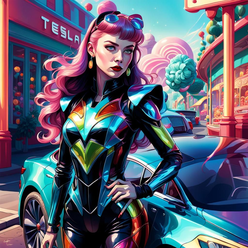Candy Art Mistress on Detailed Tesla Car
