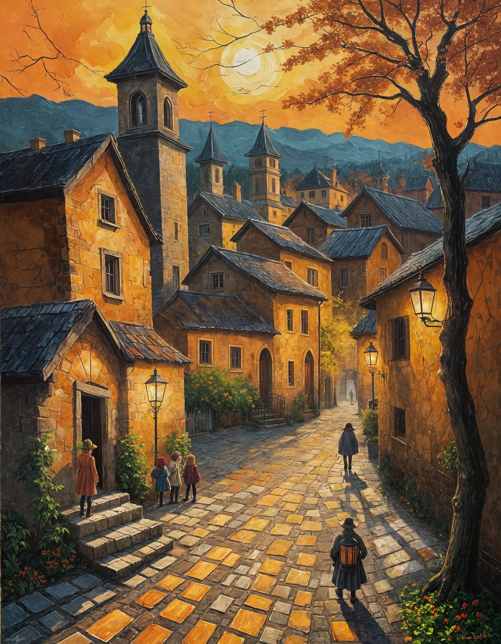 Autumn Village Sunset in Expressionist Acrylic Painting