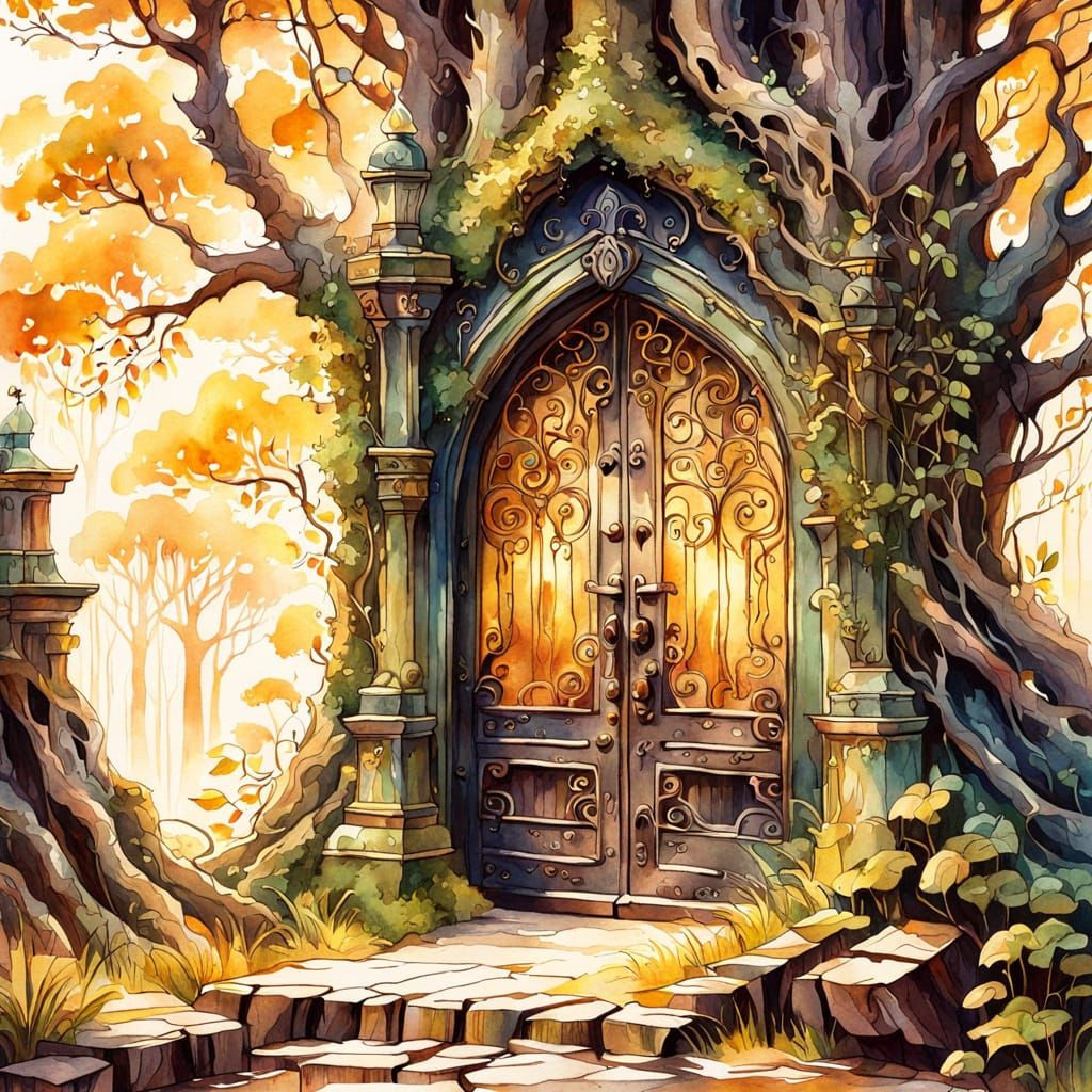 Fantasy Tree Trunk Door in Watercolor Style