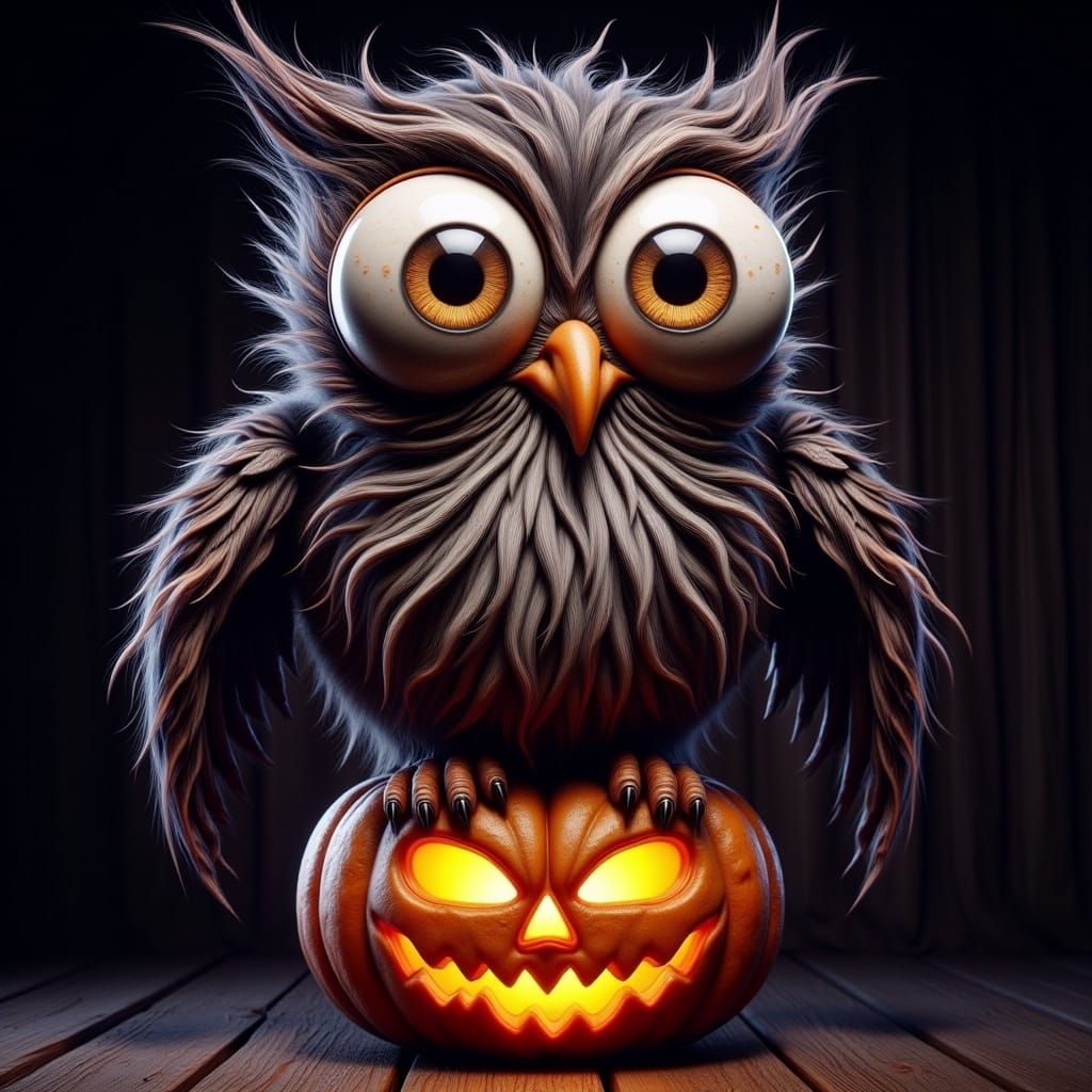Cute Colorful Fluffy Owl on Jack-o'-Lantern