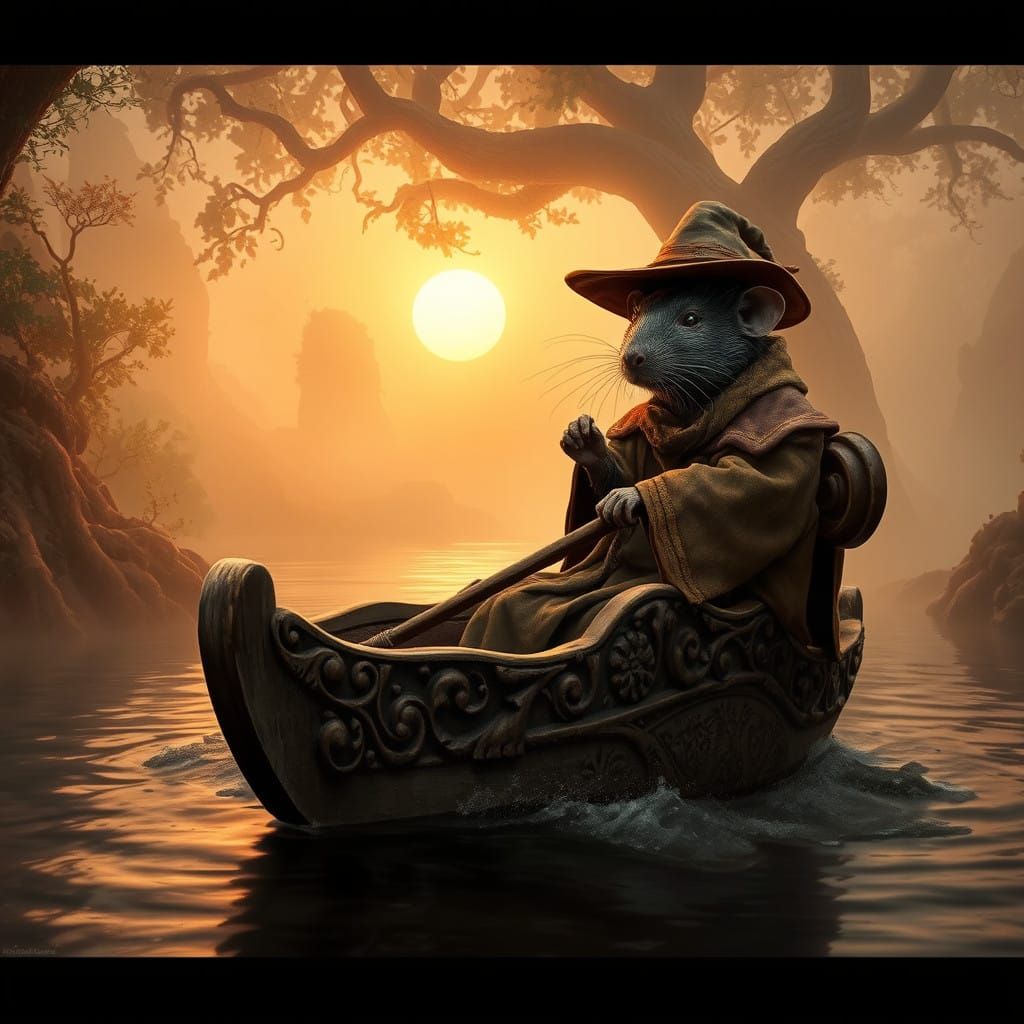Aged Rat Navigates Foggy River Bend in Sepia Tones