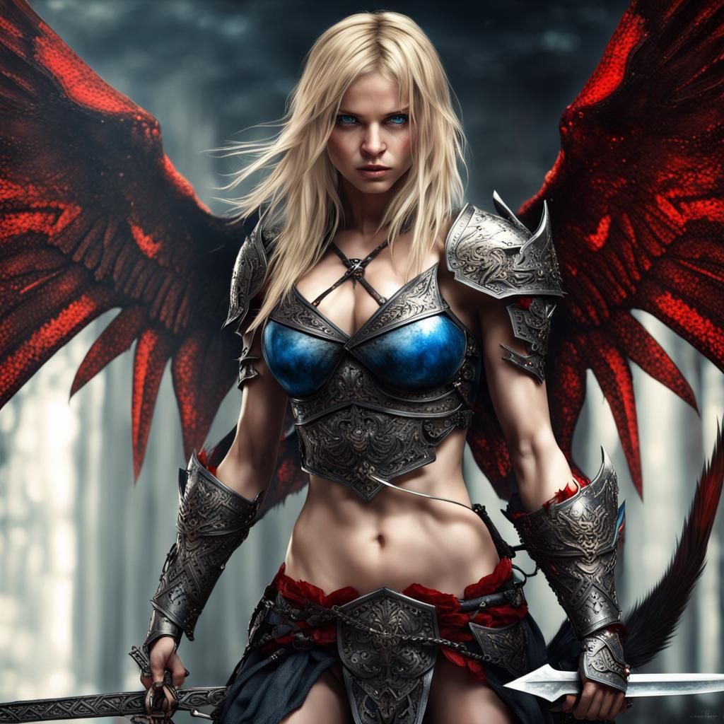 Warrior Girl with Sword and Black Wings