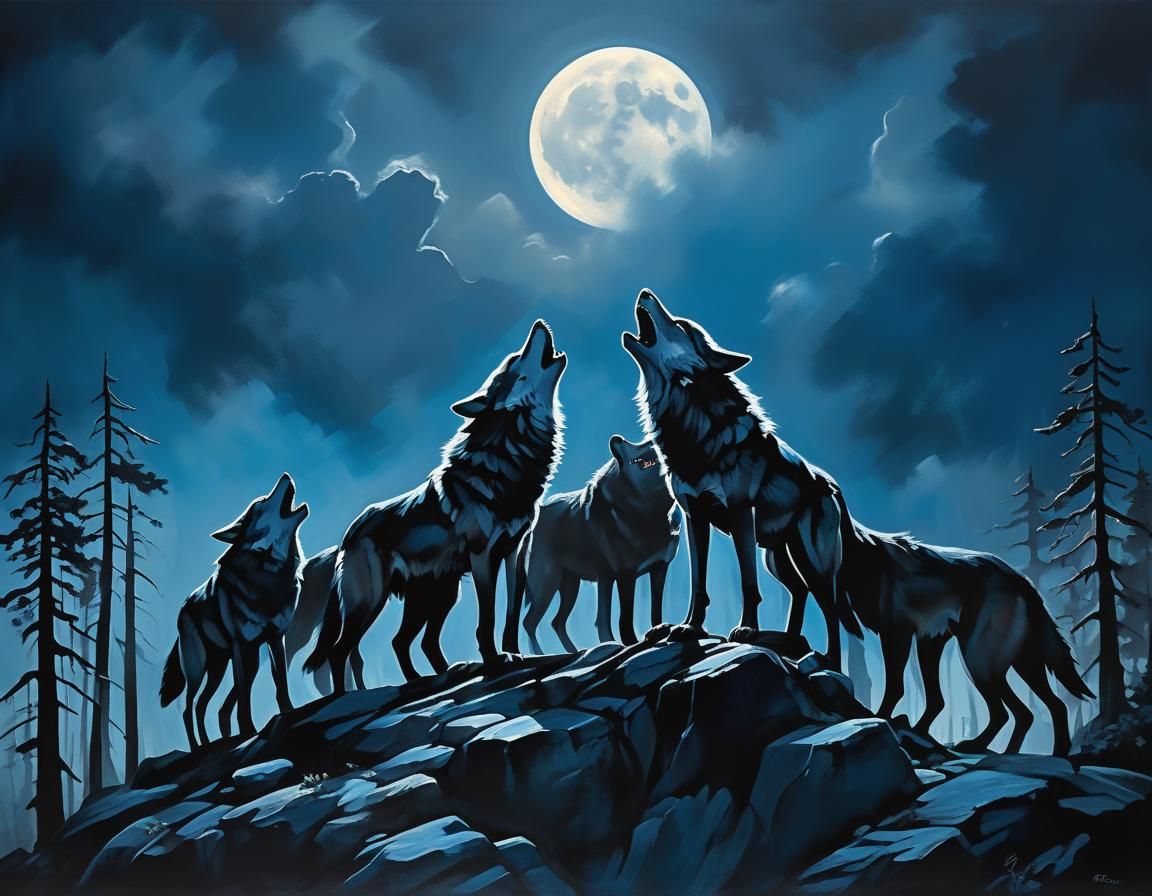 Wolves Howling at Moon: Expressive Oil Painting