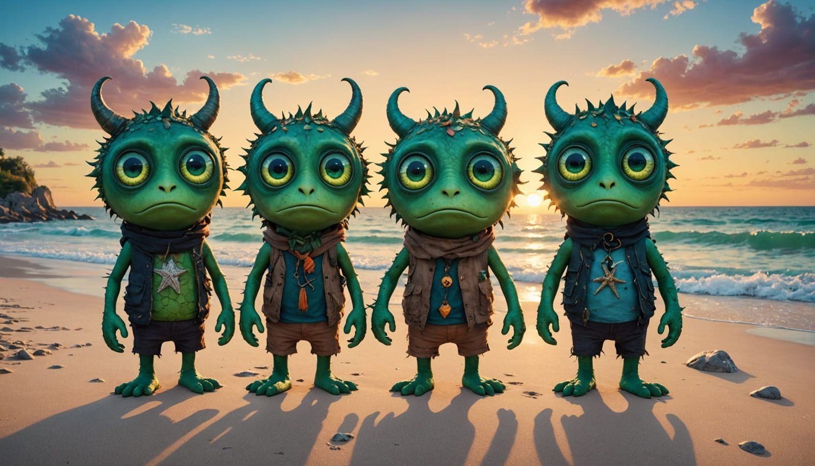 Whimsical Beach Monsters with Green Eyes and Sunset