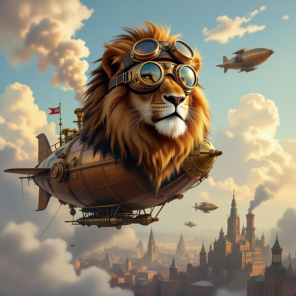 Lion Aviator on Steampunk Airship Over Metropolis