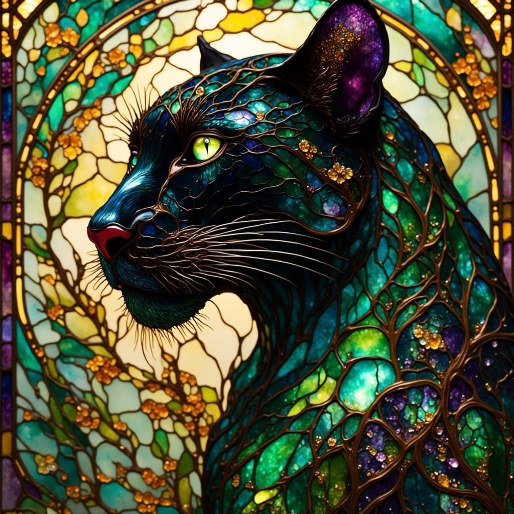 Stained Glass Panther in Art Nouveau Style