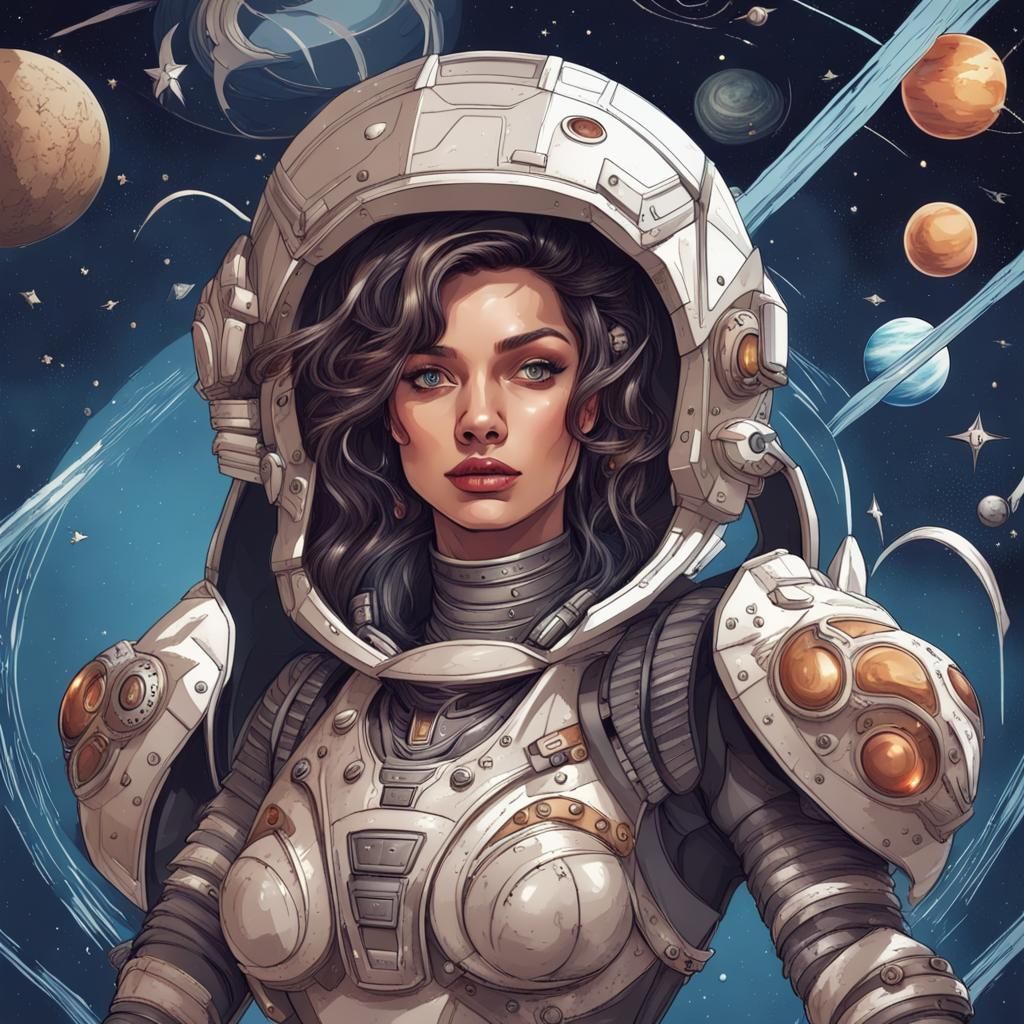 Armored Girl in Space: Detailed Sci-Fi Scene