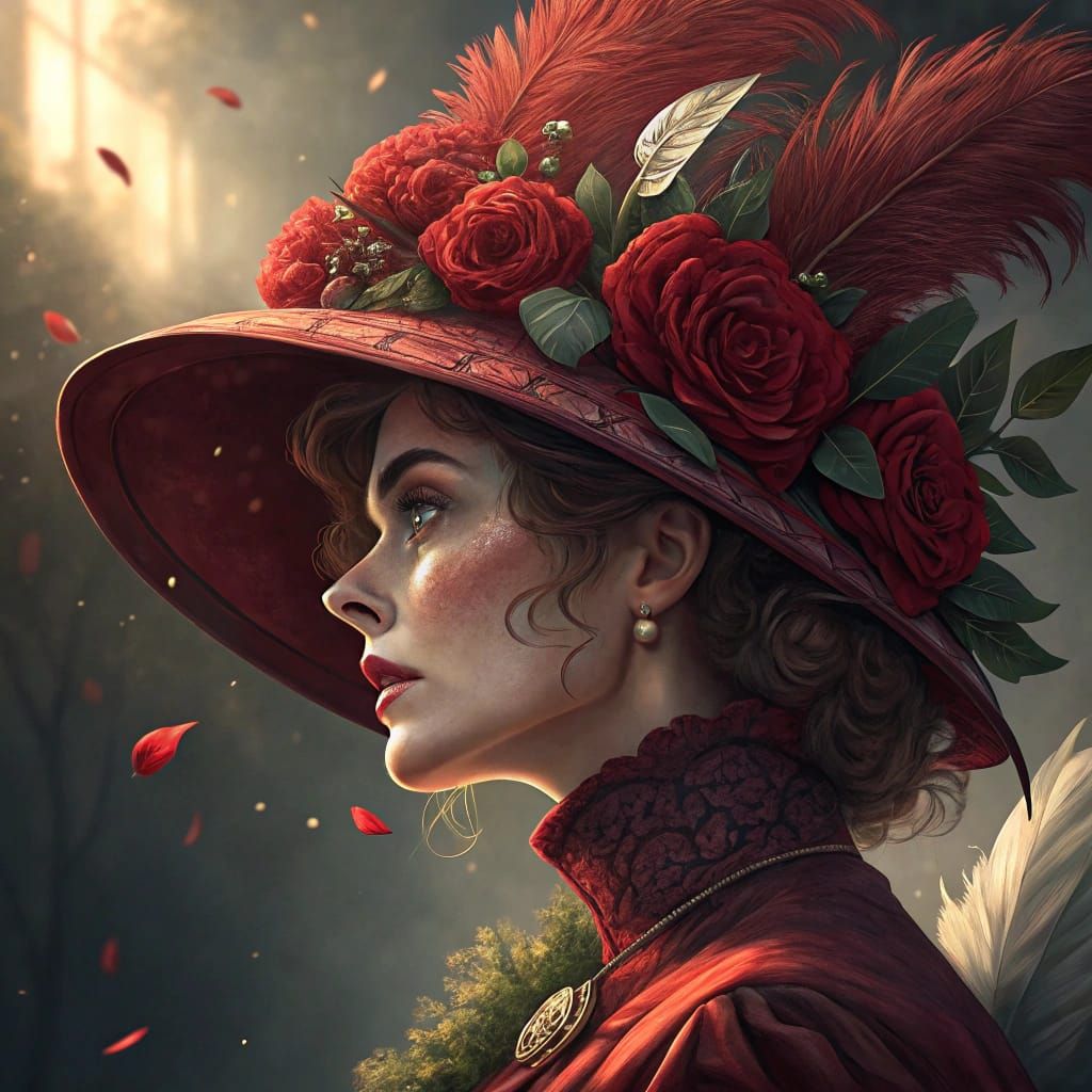 Woman in Red Rose Hat, Digital Art