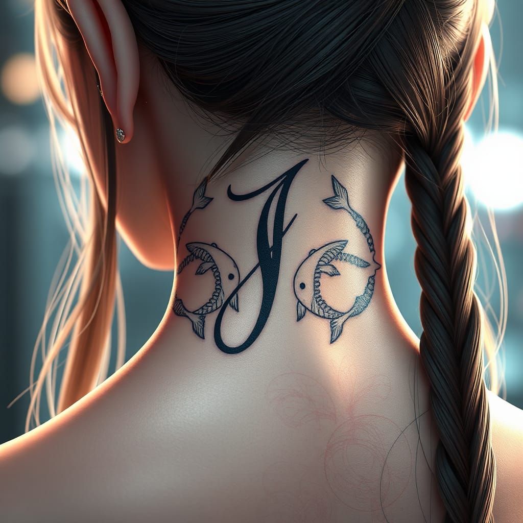 Pisces Tattoo: Cursive 'J' on Woman's Neck