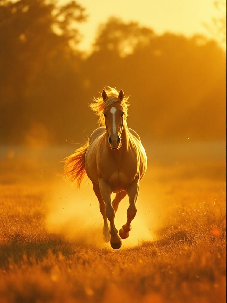 Golden Hour Horse Galloping with Analog Film Aesthetic