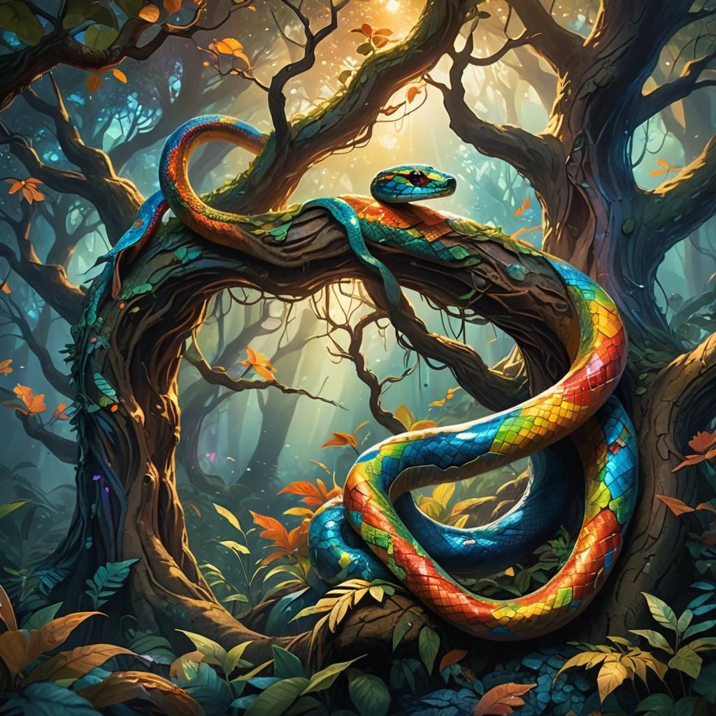 Rainbow Snake in Mystical Forest: Fantasy Concept Art