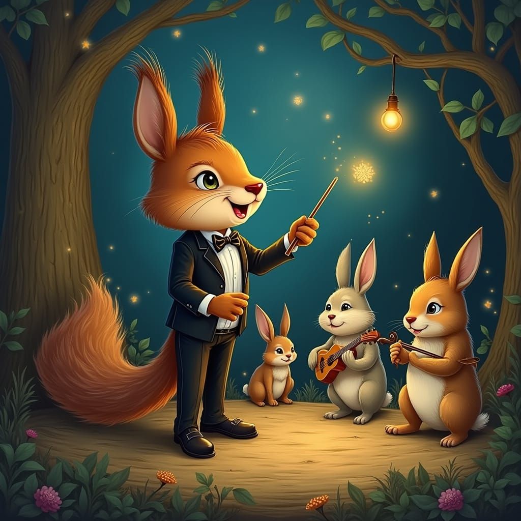 Squirrel Conductor Leading Woodland Steampunk Orchestra