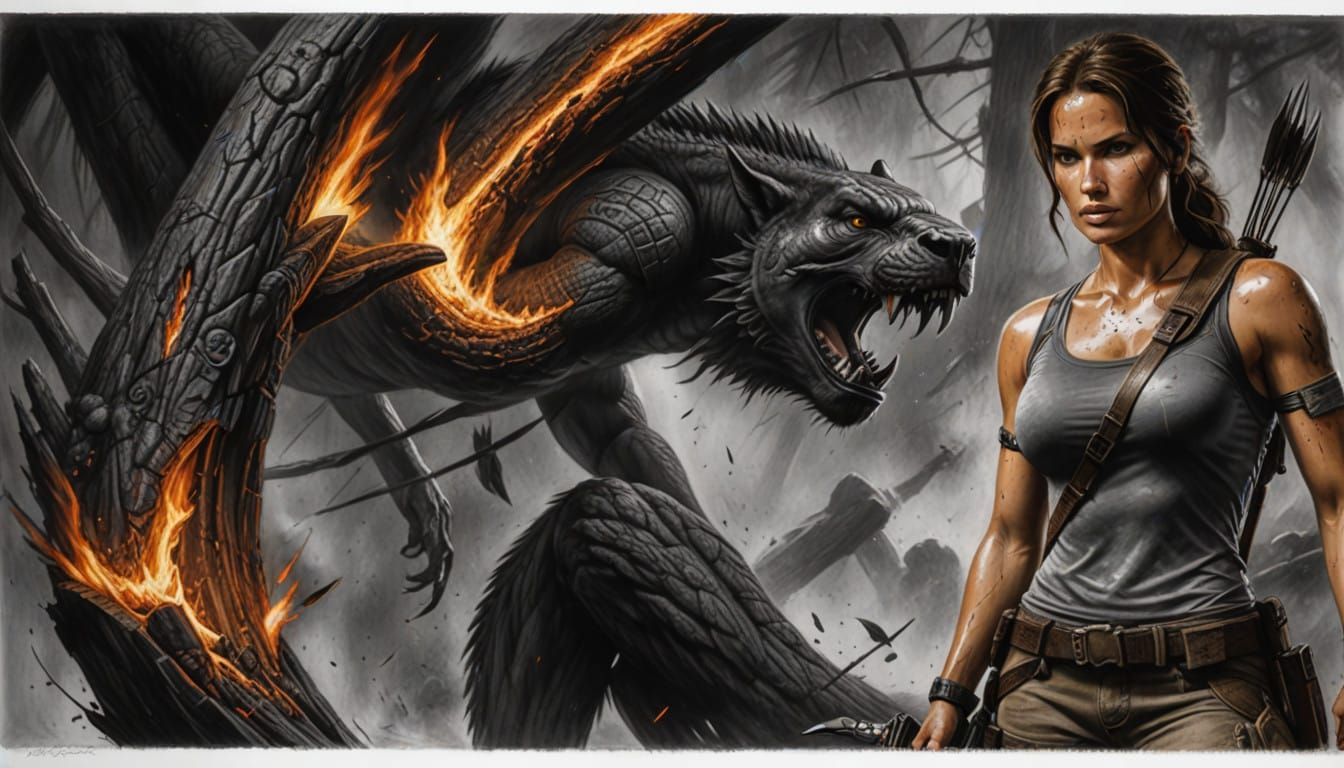 Lara Croft in Charcoal Drawing with Bow and Arrow