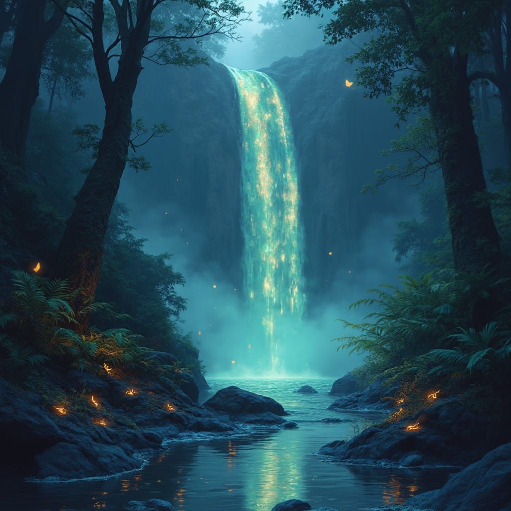 Enchanted Bioluminescent Falls in Dreamlike Rainforest