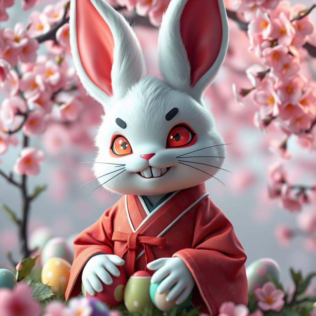 Mystical Yokai Bunny in Cherry Blossom Wonderland