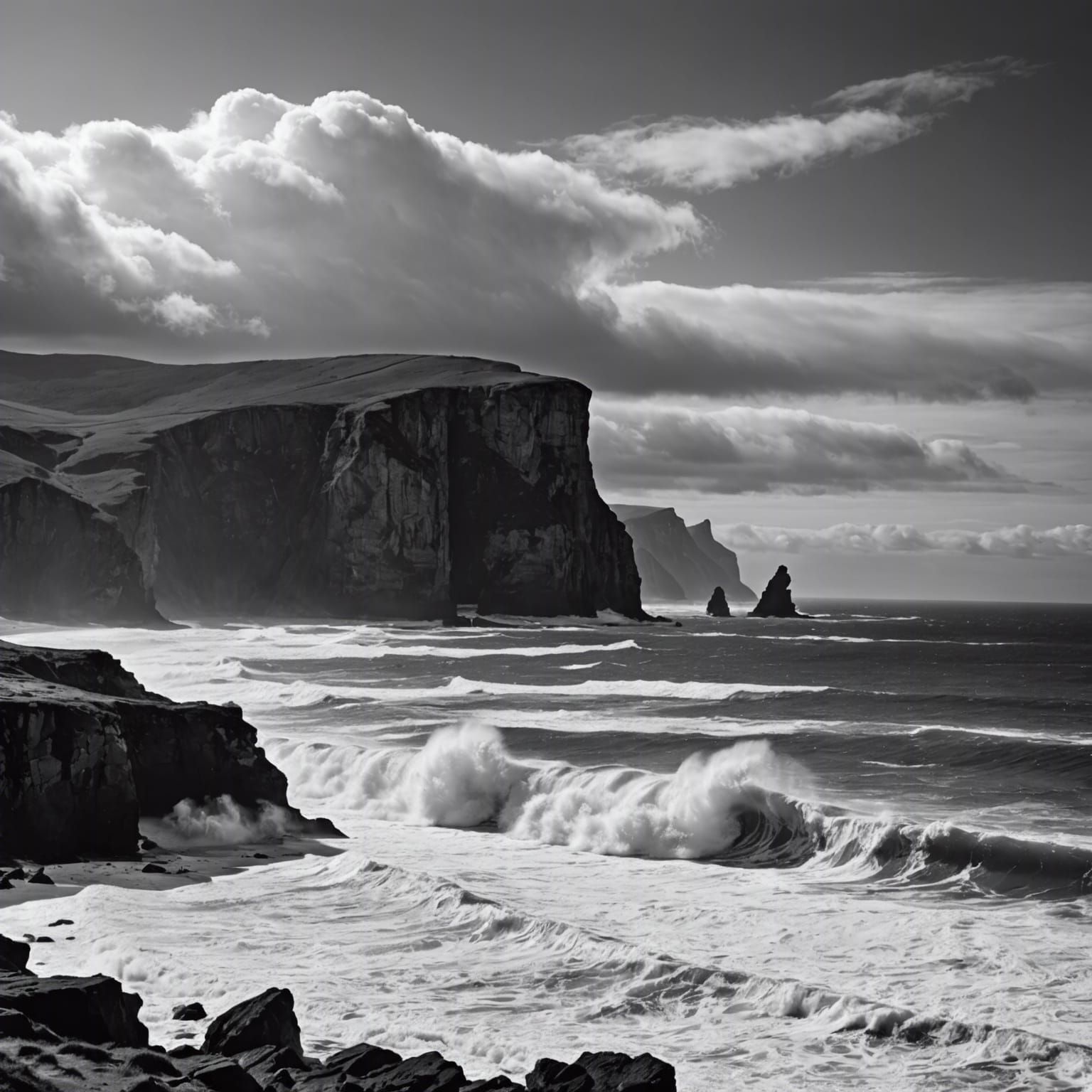 Dramatic Black and White Coastal Scene with Cliffs