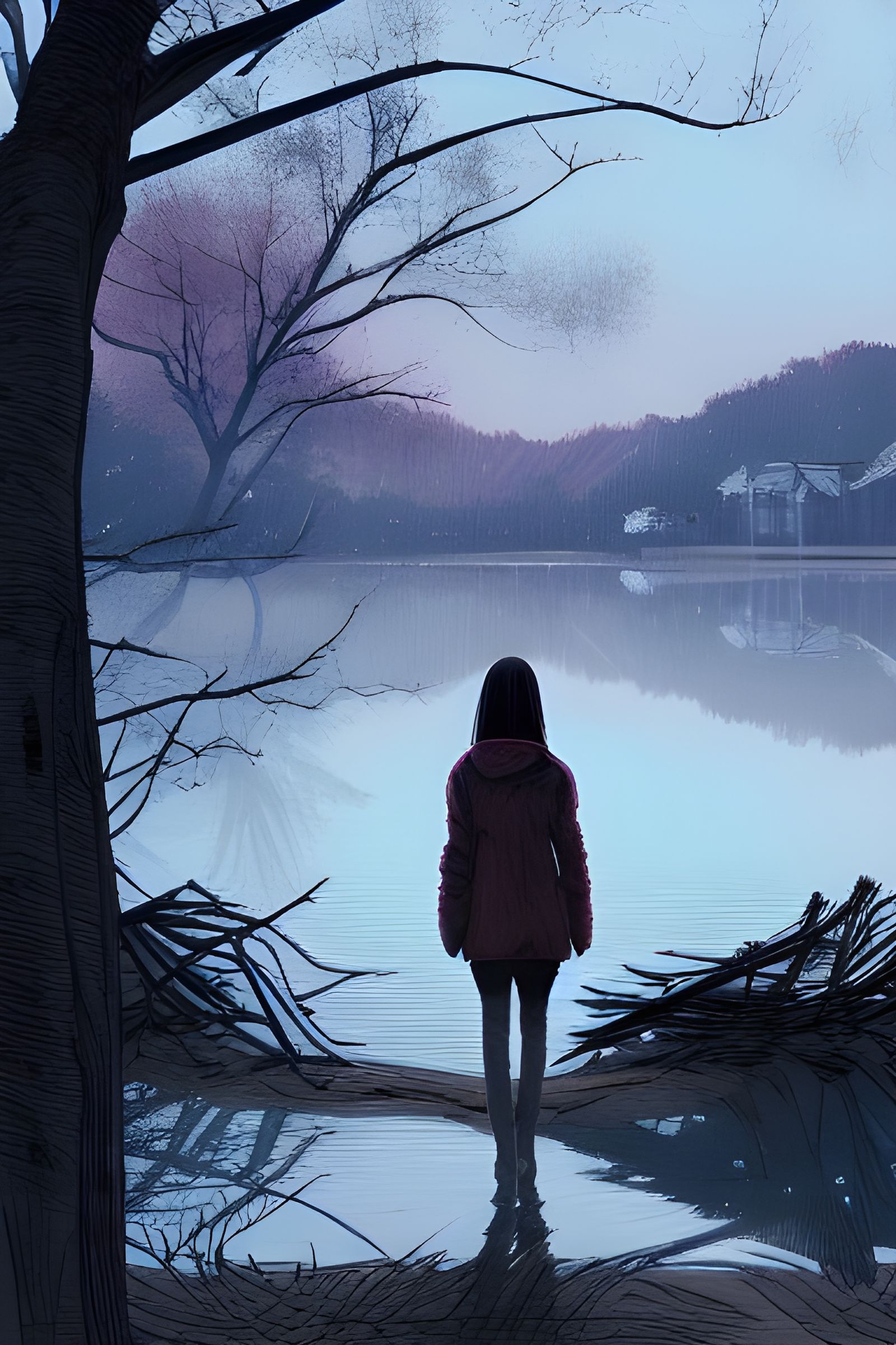 Girl at Winter Lake Digital Illustration