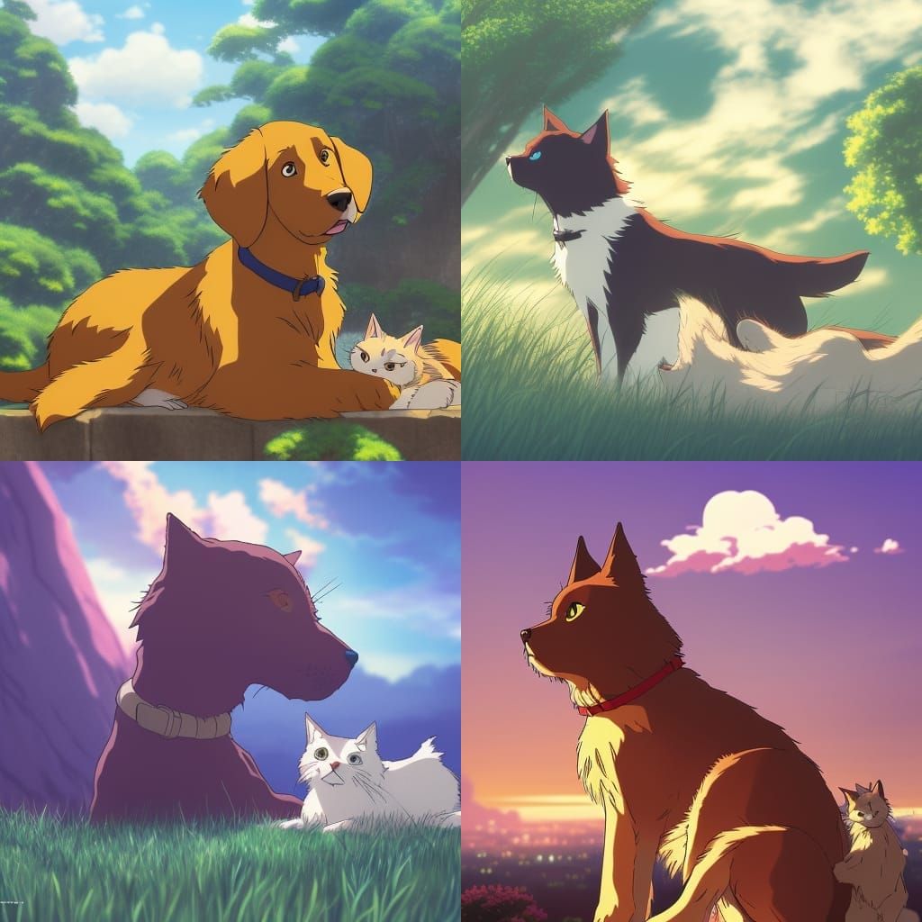 Dog and Cat in Anime Key Visual Style