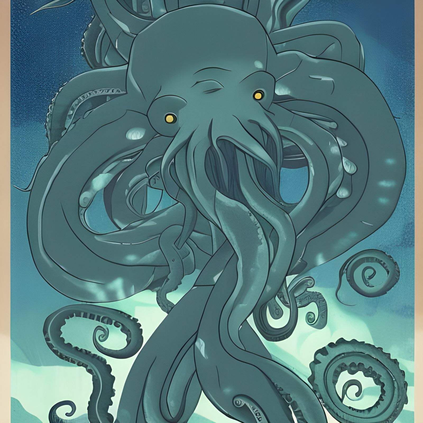 Cthulhu Japanese Woodblock Print in Anime Style