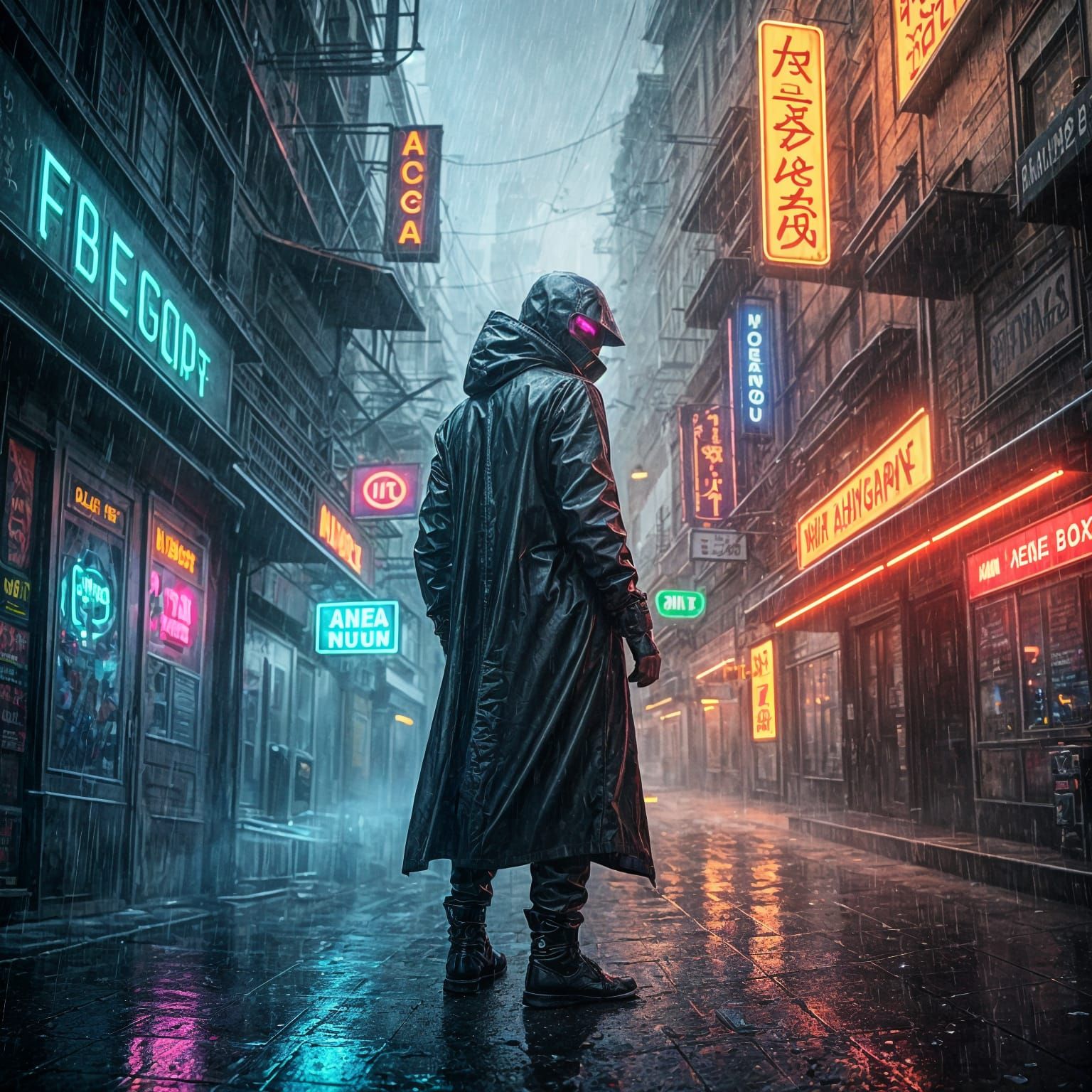 Neon Alleyway in Futuristic City, Cyberpunk Noir